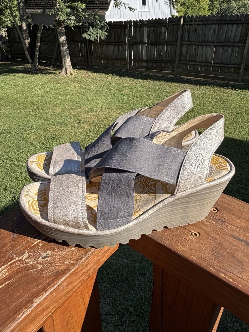 Fly London Yaji Wedge Sandals Silver Metallic Gray Slingback Size US 8.5 EU 39